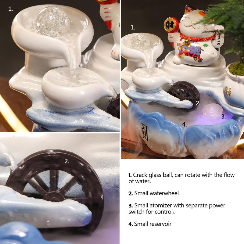 TXYXT Indoor Tabletop Waterfall Fountain with Chinese Ceramic Lucky Cat Waving Arm Figurineï¼ŒDesktop Mini Water Fountain Decorationï¼ŒLED Light Ring Backflow Incense Burner for Desk - Image 4