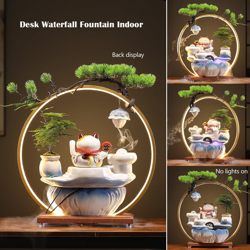 TXYXT Indoor Tabletop Waterfall Fountain with Chinese Ceramic Lucky Cat Waving Arm Figurineï¼ŒDesktop Mini Water Fountain Decorationï¼ŒLED Light Ring Backflow Incense Burner for Desk - Image 2