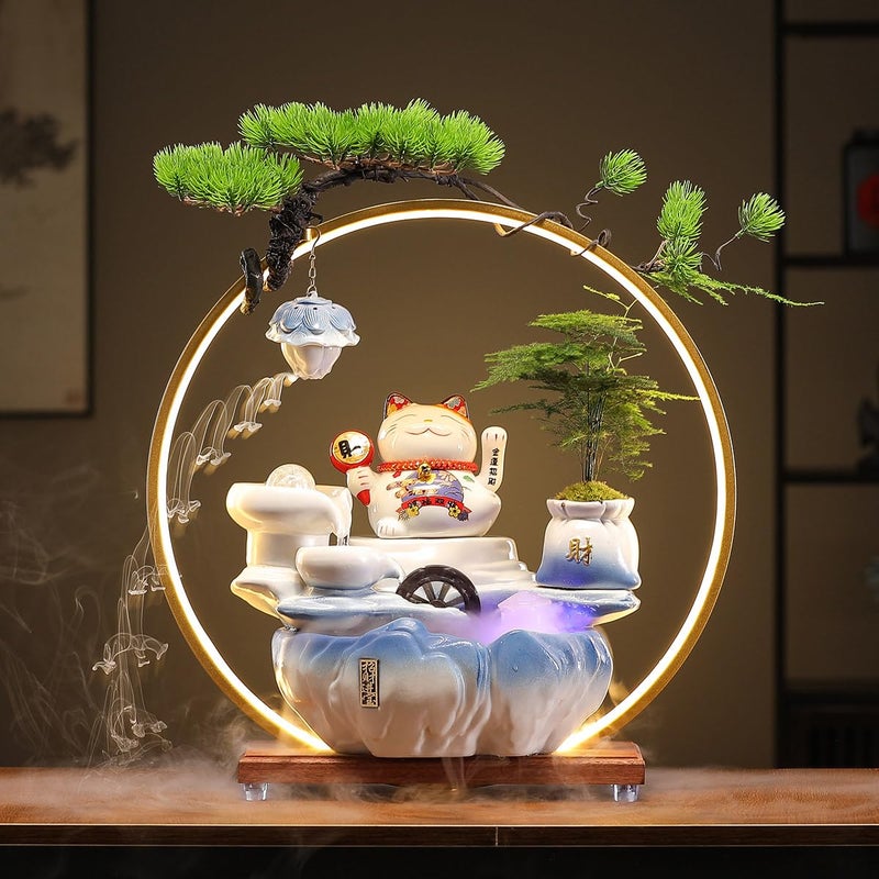 TXYXT Indoor Tabletop Waterfall Fountain with Chinese Ceramic Lucky Cat Waving Arm Figurineï¼ŒDesktop Mini Water Fountain Decorationï¼ŒLED Light Ring Backflow Incense Burner for Desk - Image 1