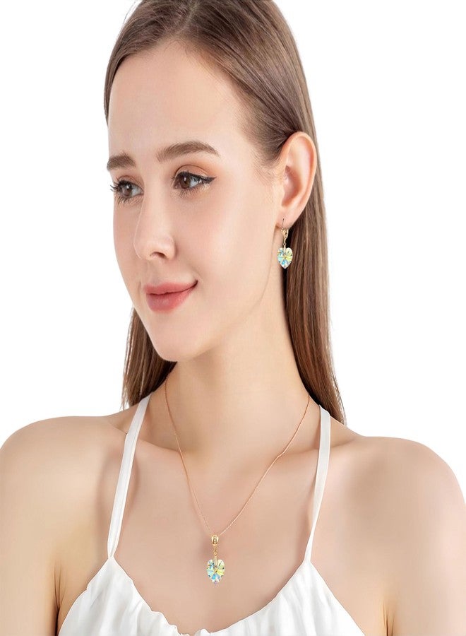 EVEVIC Austrian Crystals Heart Pendant Necklace Earrings for Women 14K Gold Plated Hypoallergenic Leverback Drop Dangle Earring Jewelry Set (Aurora Borealis) - Image 2