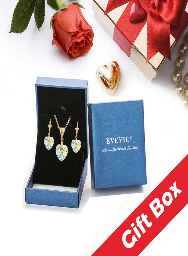 EVEVIC Austrian Crystals Heart Pendant Necklace Earrings for Women 14K Gold Plated Hypoallergenic Leverback Drop Dangle Earring Jewelry Set (Aurora Borealis) - Image 4