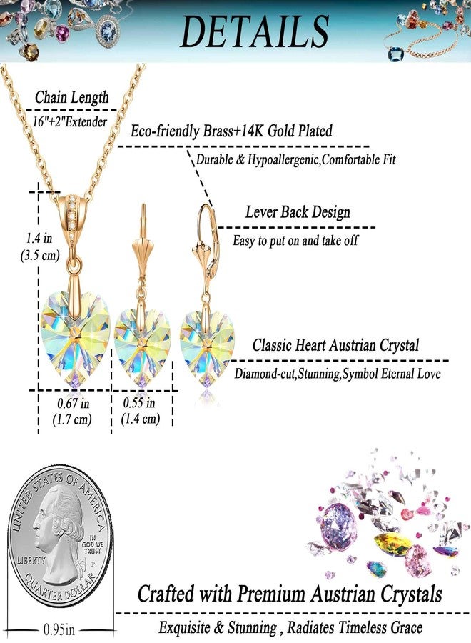 EVEVIC Austrian Crystals Heart Pendant Necklace Earrings for Women 14K Gold Plated Hypoallergenic Leverback Drop Dangle Earring Jewelry Set (Aurora Borealis) - Image 3