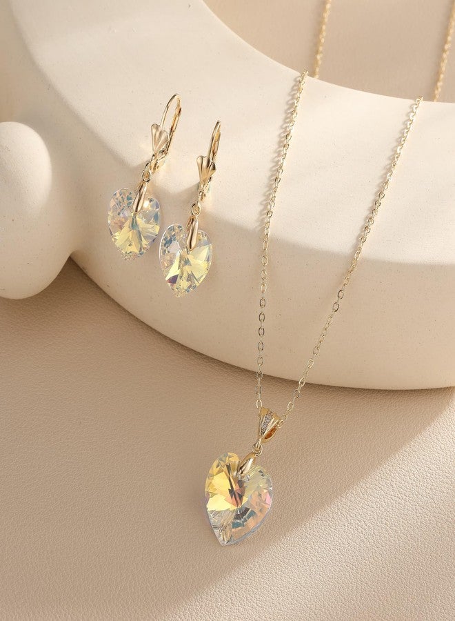 EVEVIC Austrian Crystals Heart Pendant Necklace Earrings for Women 14K Gold Plated Hypoallergenic Leverback Drop Dangle Earring Jewelry Set (Aurora Borealis) - Image 5