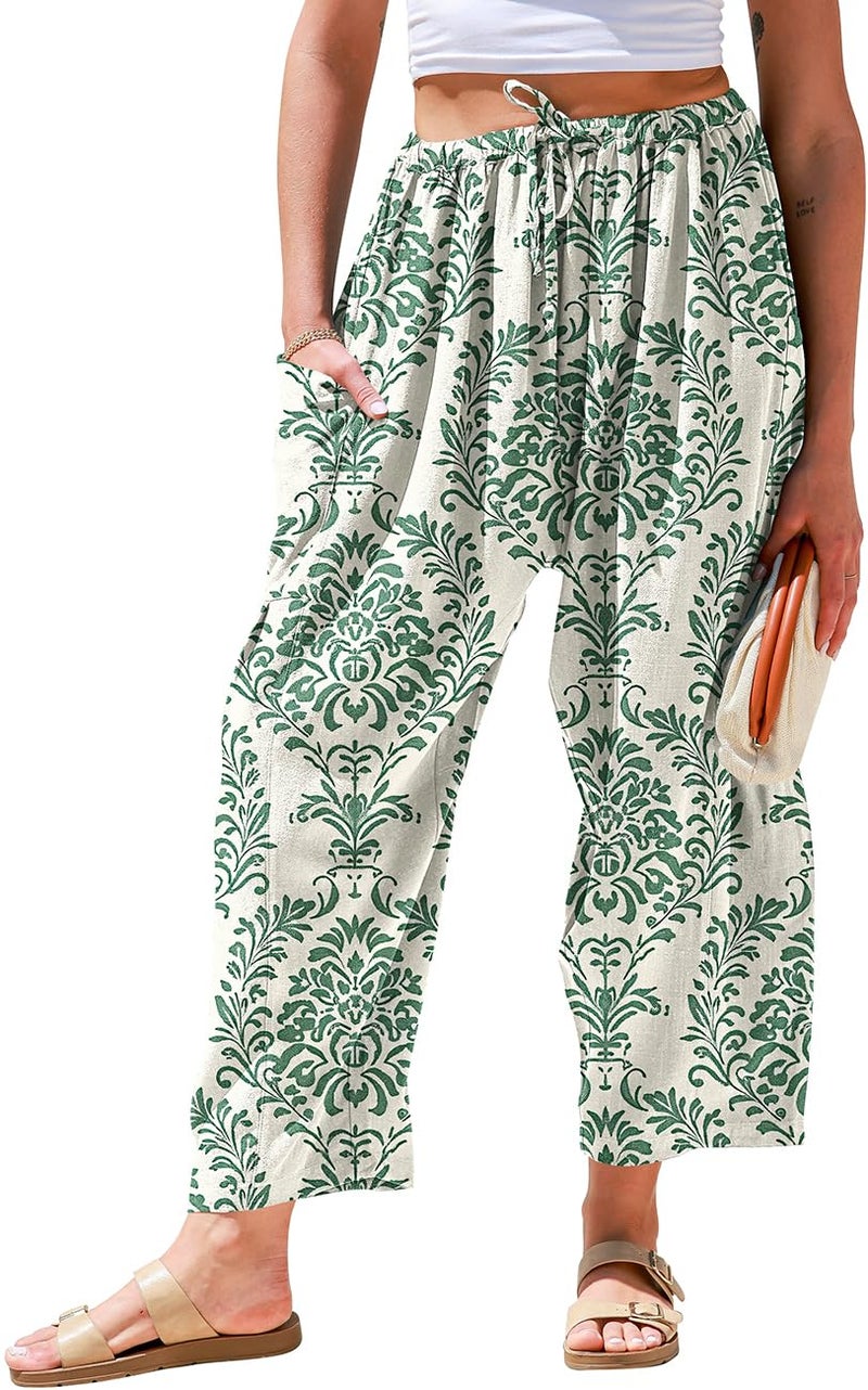 TARSE Womens Linen Wide Leg Pants Casual Loose Drawstring Low Waist Beach Palazzo Harem Pants with Pockets L - Image 1