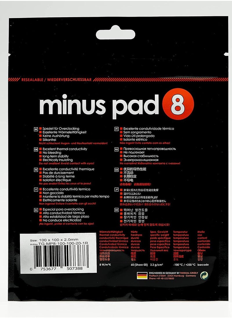 Thermal Grizzly - Minus Pad 8 - Silicone, Self-Adhesive, Thermally Conductive Thermal Pad - Conducts Heat and Cools The Heating Elements of The Computer or Console (100 × 100 × 2,0 mm) - Image 1
