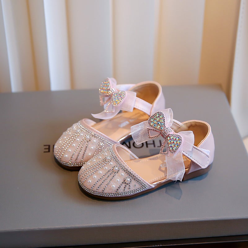 2025 Summer Sweet Little Leather Shoes Dance Shoes Girls Princess Shoes Round Toe Hollow Rhinestone Bow Shallow Shoes - Image 1