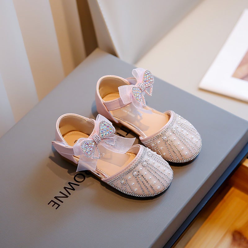 2025 Summer Sweet Little Leather Shoes Dance Shoes Girls Princess Shoes Round Toe Hollow Rhinestone Bow Shallow Shoes - Image 3
