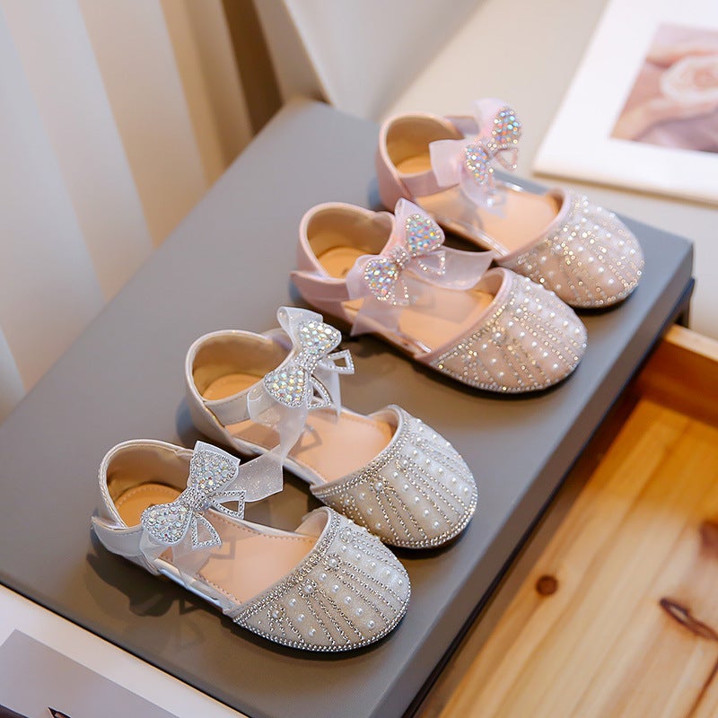 2025 Summer Sweet Little Leather Shoes Dance Shoes Girls Princess Shoes Round Toe Hollow Rhinestone Bow Shallow Shoes - Image 2