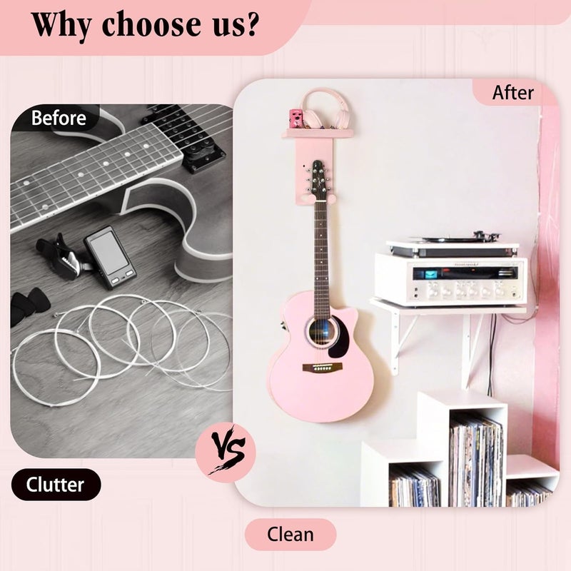 Keebofly 2-Pack Guitar Wall Mount Hanger with Shelf & Pick Holder - Wood Wall Hook for Acoustic, Electric, Bass Guitars, Ukulele (Screw-Mounted, Pink) [Patented] - Image 4