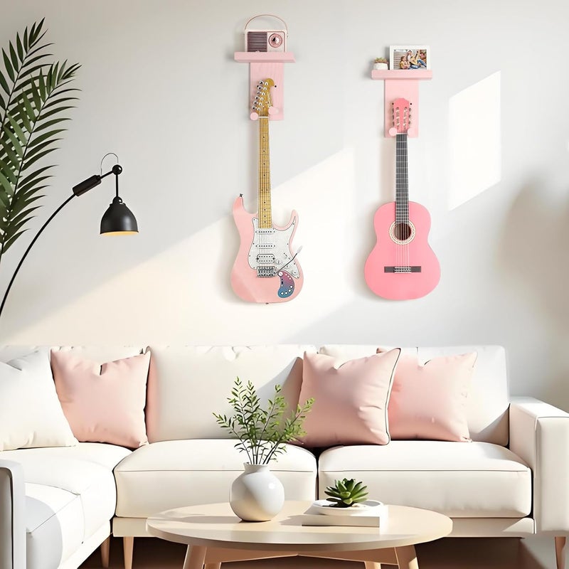 Keebofly 2-Pack Guitar Wall Mount Hanger with Shelf & Pick Holder - Wood Wall Hook for Acoustic, Electric, Bass Guitars, Ukulele (Screw-Mounted, Pink) [Patented] - Image 5