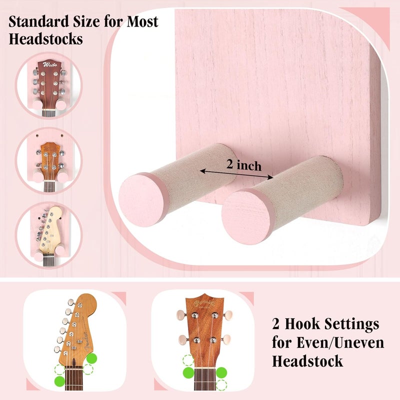 Keebofly 2-Pack Guitar Wall Mount Hanger with Shelf & Pick Holder - Wood Wall Hook for Acoustic, Electric, Bass Guitars, Ukulele (Screw-Mounted, Pink) [Patented] - Image 3