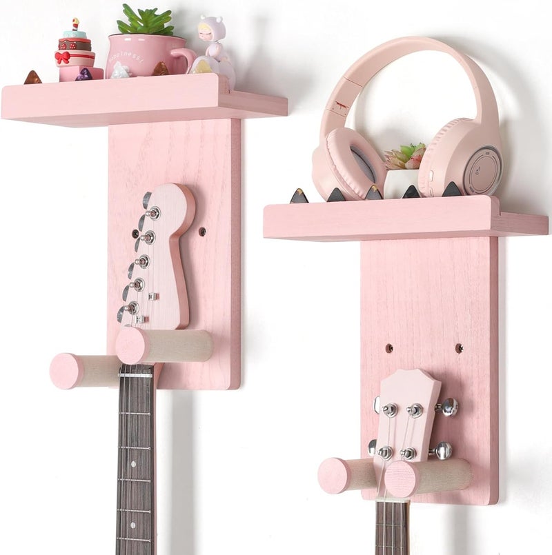 Keebofly 2-Pack Guitar Wall Mount Hanger with Shelf & Pick Holder - Wood Wall Hook for Acoustic, Electric, Bass Guitars, Ukulele (Screw-Mounted, Pink) [Patented] - Image 1