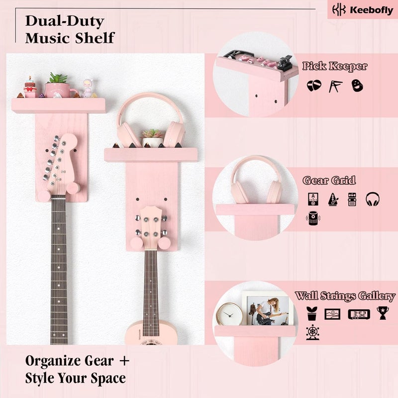 Keebofly 2-Pack Guitar Wall Mount Hanger with Shelf & Pick Holder - Wood Wall Hook for Acoustic, Electric, Bass Guitars, Ukulele (Screw-Mounted, Pink) [Patented] - Image 2