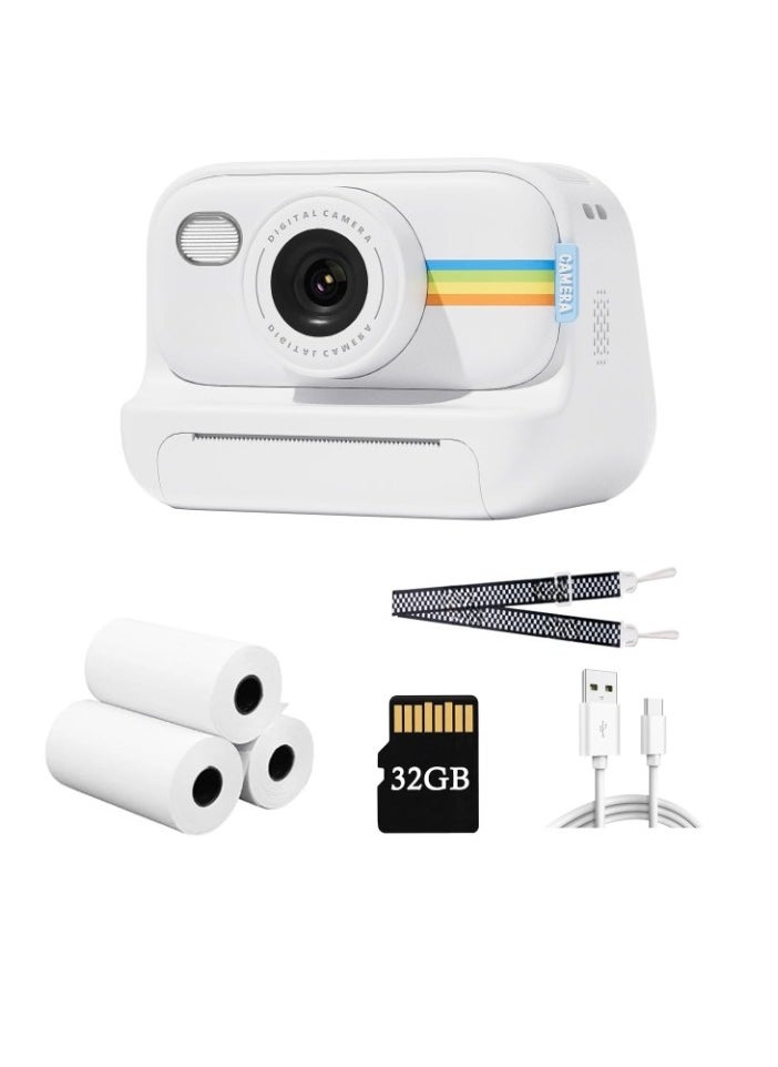 AROAQ Instant Print Camera, 1080P HD Digital Video Camera, Lightweight And Durable Kids Portable Camera. High Capacity Digital Camera With Print Paper 32GB Card And Lanyard, (White)  - Image 1