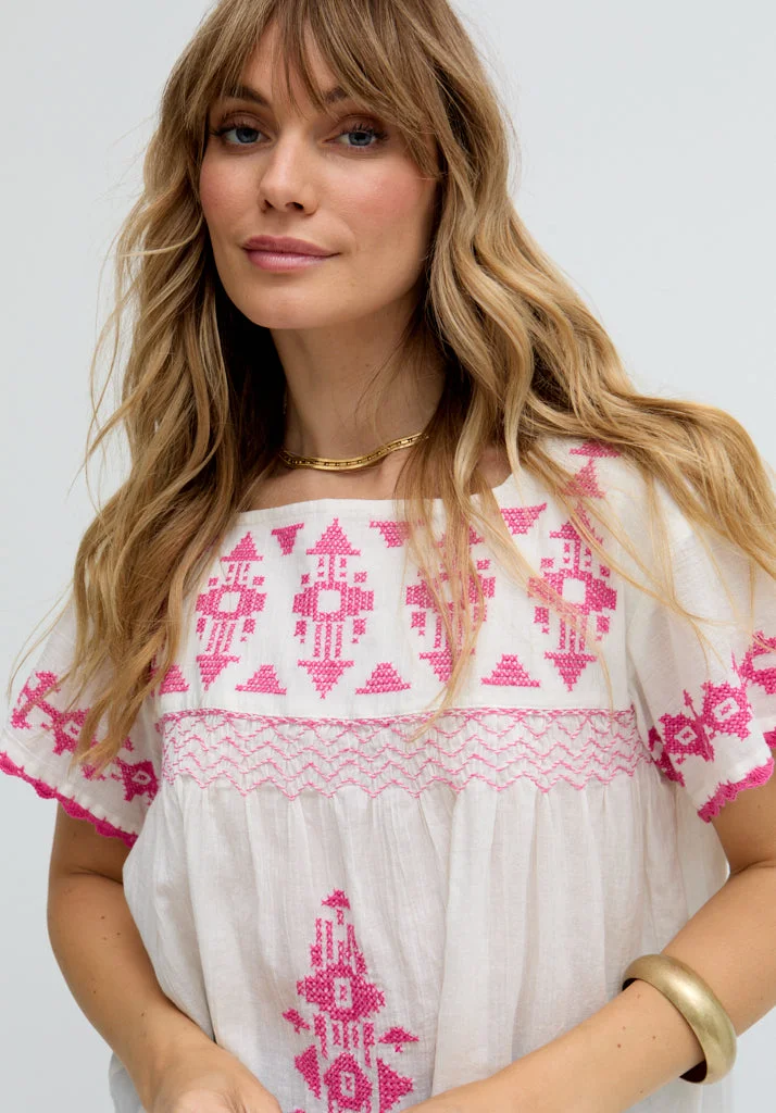 رافاي Flora Short Sleeve Embroidered Blouse In White