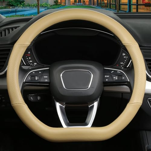 Cxtiy D Shaped Steering Wheel Cover, Genuine Leather Flat Bottom Stearing Wheel Cover Luxury Car Accessories 14 1/2-15 inch (Beige) - Image 2