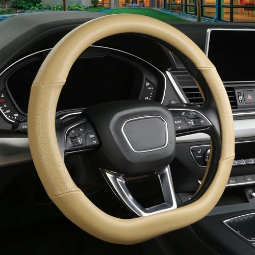 Cxtiy D Shaped Steering Wheel Cover, Genuine Leather Flat Bottom Stearing Wheel Cover Luxury Car Accessories 14 1/2-15 inch (Beige) - Image 3