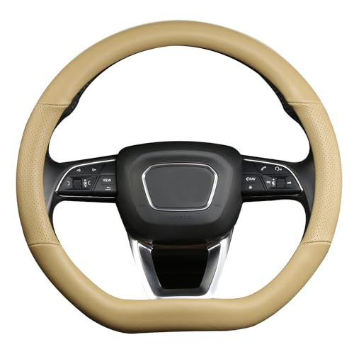 Cxtiy D Shaped Steering Wheel Cover, Genuine Leather Flat Bottom Stearing Wheel Cover Luxury Car Accessories 14 1/2-15 inch (Beige) - Image 1
