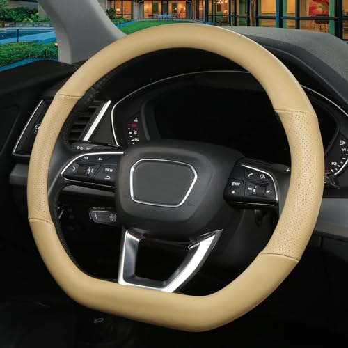 Cxtiy D Shaped Steering Wheel Cover, Genuine Leather Flat Bottom Stearing Wheel Cover Luxury Car Accessories 14 1/2-15 inch (Beige) - Image 4
