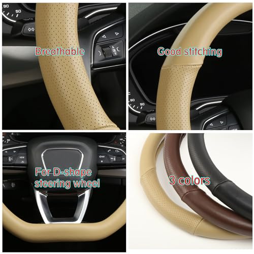 Cxtiy D Shaped Steering Wheel Cover, Genuine Leather Flat Bottom Stearing Wheel Cover Luxury Car Accessories 14 1/2-15 inch (Beige) - Image 5