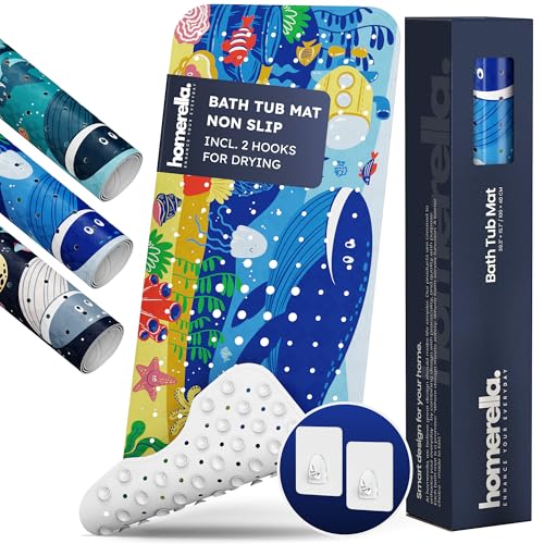 Homerella Bath Tub Mat Non Slip Anti Mold for Kids BPA Free INCL Hooks - homerella® Ocean Sea Animals 40x16, Baby Bath Mat Non Slip 200 Suction Cups, Non Toxic Machine Washable Toddler Bath Mat, EU Certified - Image 1