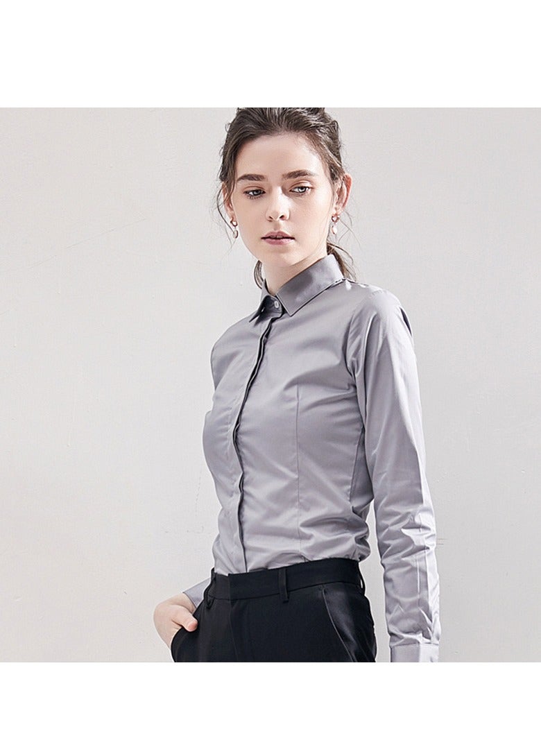 Women's Premium Gray Summer Office Blouse – Non-Iron, Wrinkle-Resistant, Lightweight Long Sleeve Dress Shirt for Professional Work & Business Commuting  - Image 3