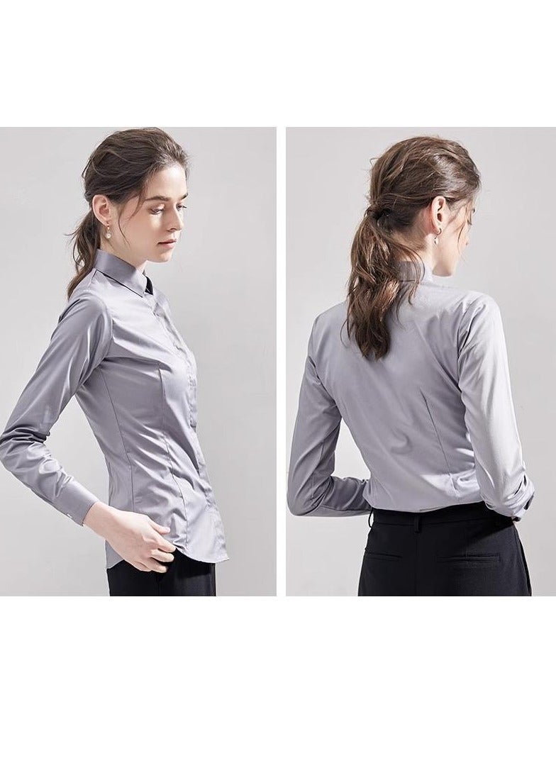 Women's Premium Gray Summer Office Blouse – Non-Iron, Wrinkle-Resistant, Lightweight Long Sleeve Dress Shirt for Professional Work & Business Commuting  - Image 1