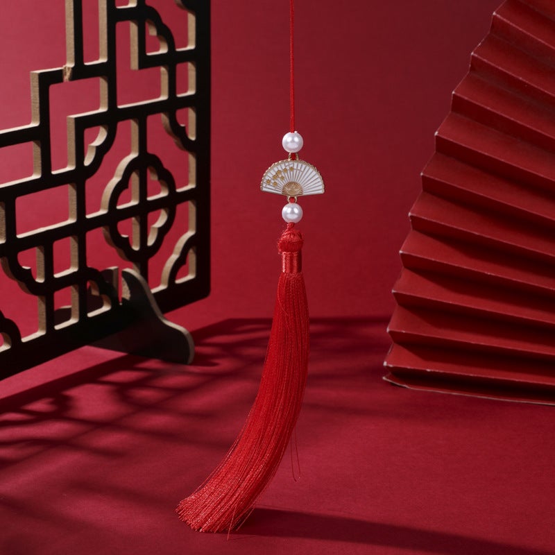 Generic Pearl White Fan Tassel Chinese Hanfu Car Pendant Red