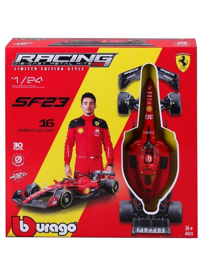 Bburago مجموعة ببراغو للسباقات F1 2023 فيراري SF-23 #16 تشارلز ليكليرك مصنوعة من المعدن مع خوذة (1:24، 30 قطعة، أحمر) - Image 1