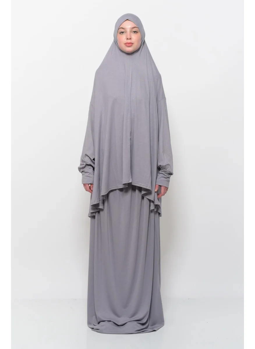 التوبة Practical Two Piece Cotton Bat Sleeve Organic Hijab Prayer Dress with Headscarf - Gray