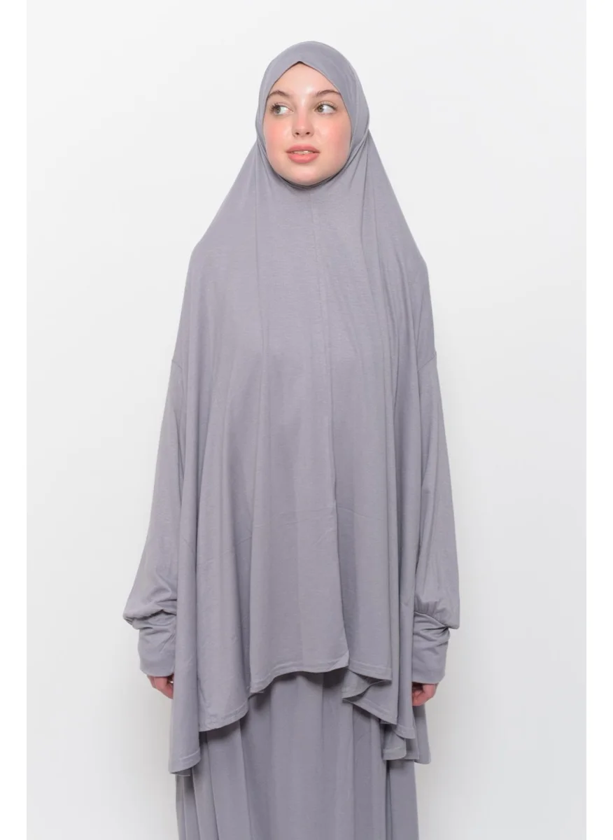 التوبة Practical Two Piece Cotton Bat Sleeve Organic Hijab Prayer Dress with Headscarf - Gray