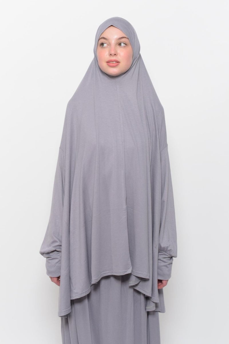 Altobeh Practical Two Piece Cotton Bat Sleeve Organic Hijab Prayer Dress with Headscarf - Gray  - Image 2