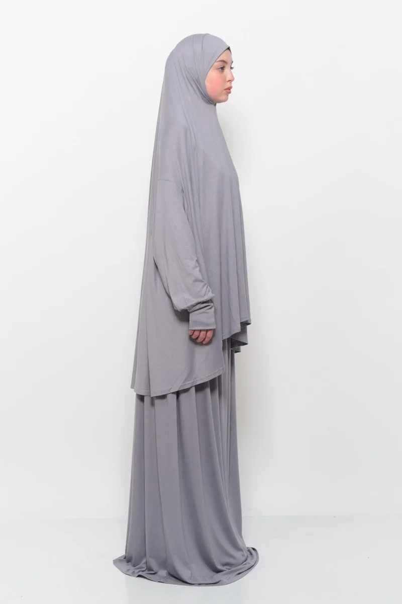 التوبة Practical Two Piece Cotton Bat Sleeve Organic Hijab Prayer Dress with Headscarf - Gray