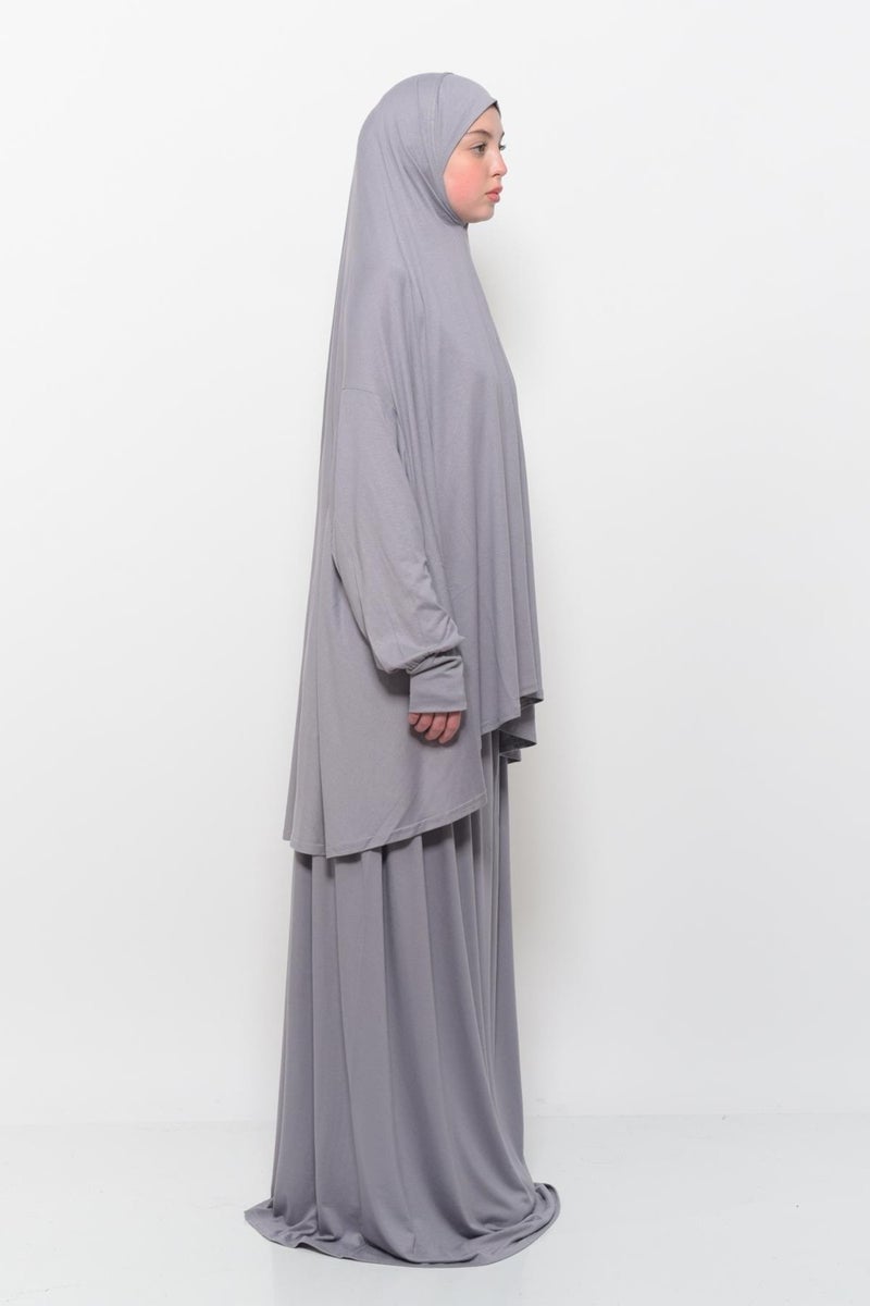 Altobeh Practical Two Piece Cotton Bat Sleeve Organic Hijab Prayer Dress with Headscarf - Gray  - Image 3