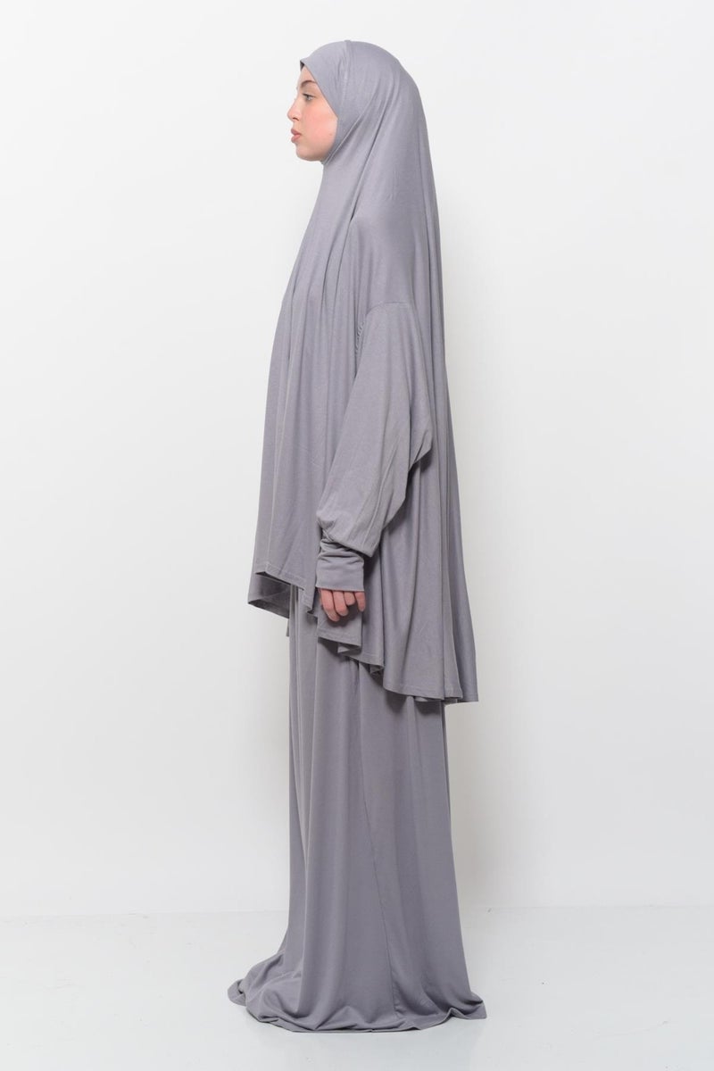 Altobeh Practical Two Piece Cotton Bat Sleeve Organic Hijab Prayer Dress with Headscarf - Gray  - Image 4