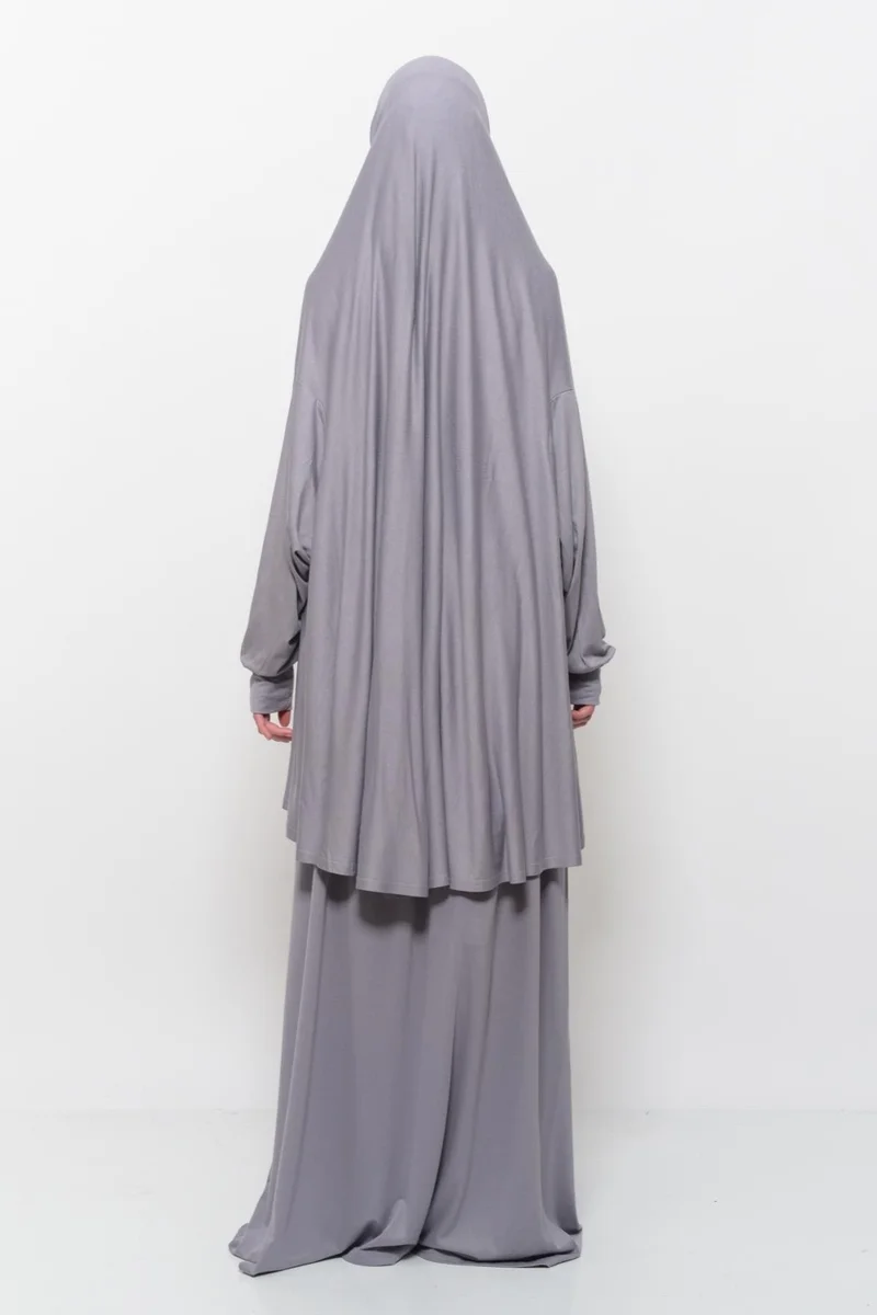 التوبة Practical Two Piece Cotton Bat Sleeve Organic Hijab Prayer Dress with Headscarf - Gray