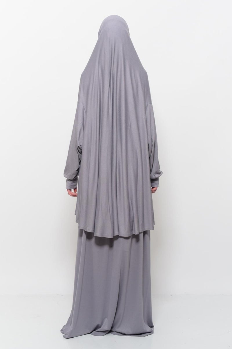Altobeh Practical Two Piece Cotton Bat Sleeve Organic Hijab Prayer Dress with Headscarf - Gray  - Image 5