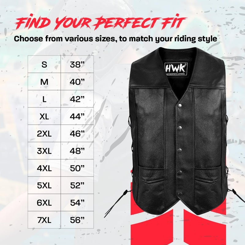 HWK Leather Motorcycle Vest for Men and Women with Concealed Carry Gun Pocket for All-Weather Motorbike Riding - Image 5