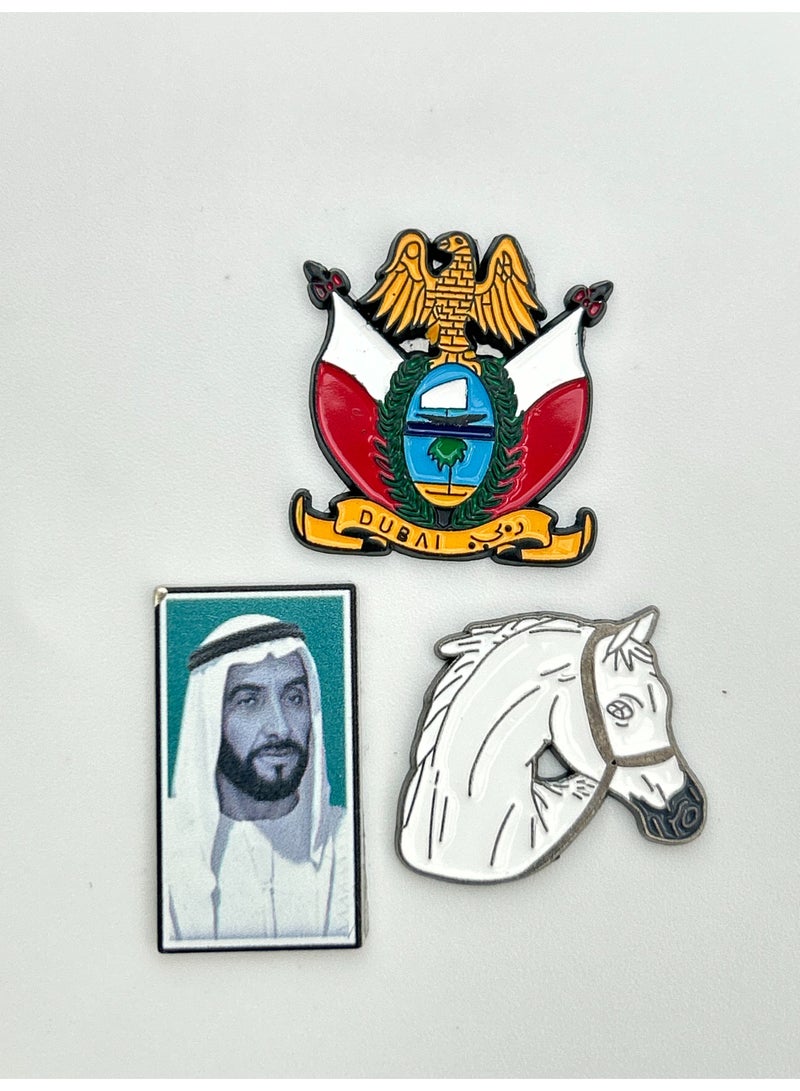 3 pieces of Metal stickers - Sheikh Zayed and Dubai Flag signs and Horse logo Stickers - Premium Quality Metal for Mobile, Laptop, Backpacks and more - Image 1
