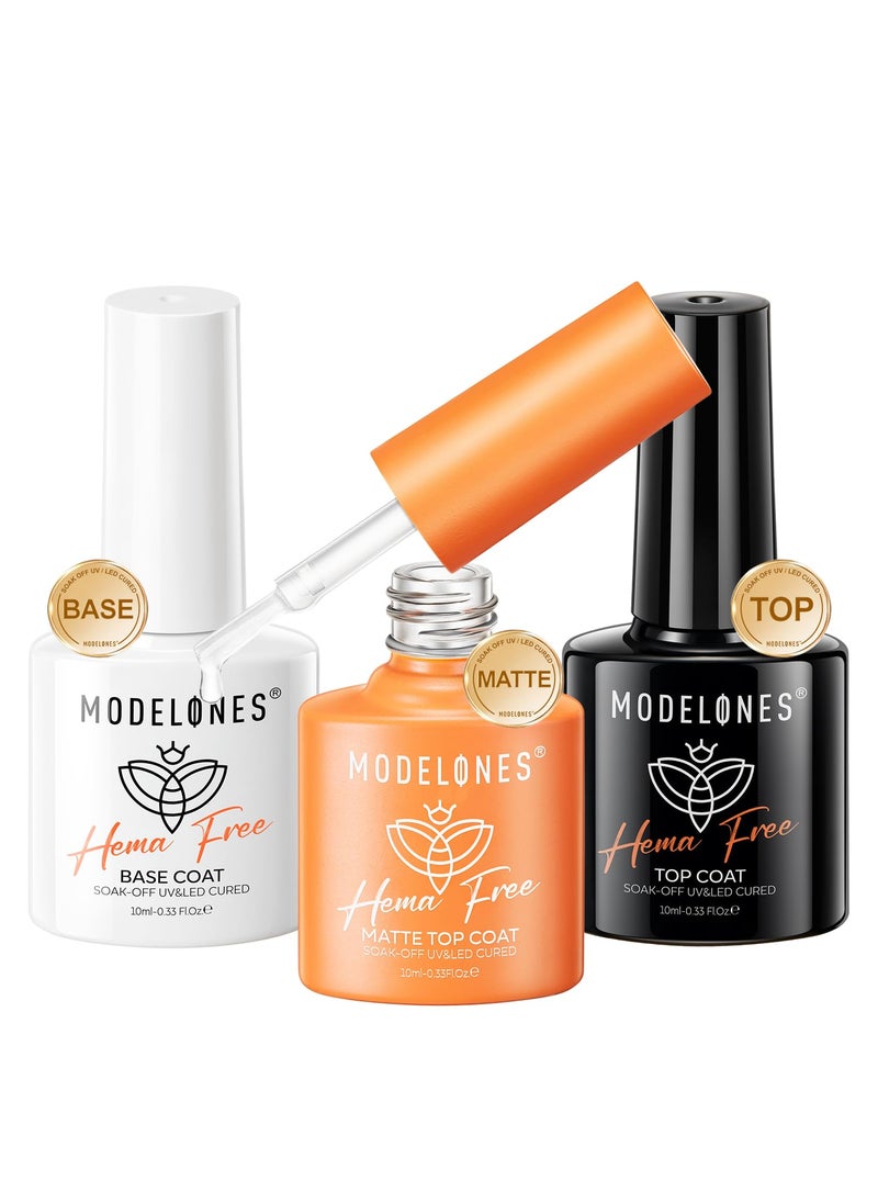 modelones - Modelones Hema-Free Gel Top and Base Coat Set, 3 Pcs Clear Glossy Velvet Matte Gel Base Top Coat No Wipe Matte Gel Top Coat Long Lasting for Gel Polish Soak Off Nail Lamp Nail Art Home Salon Manicure - Image 1
