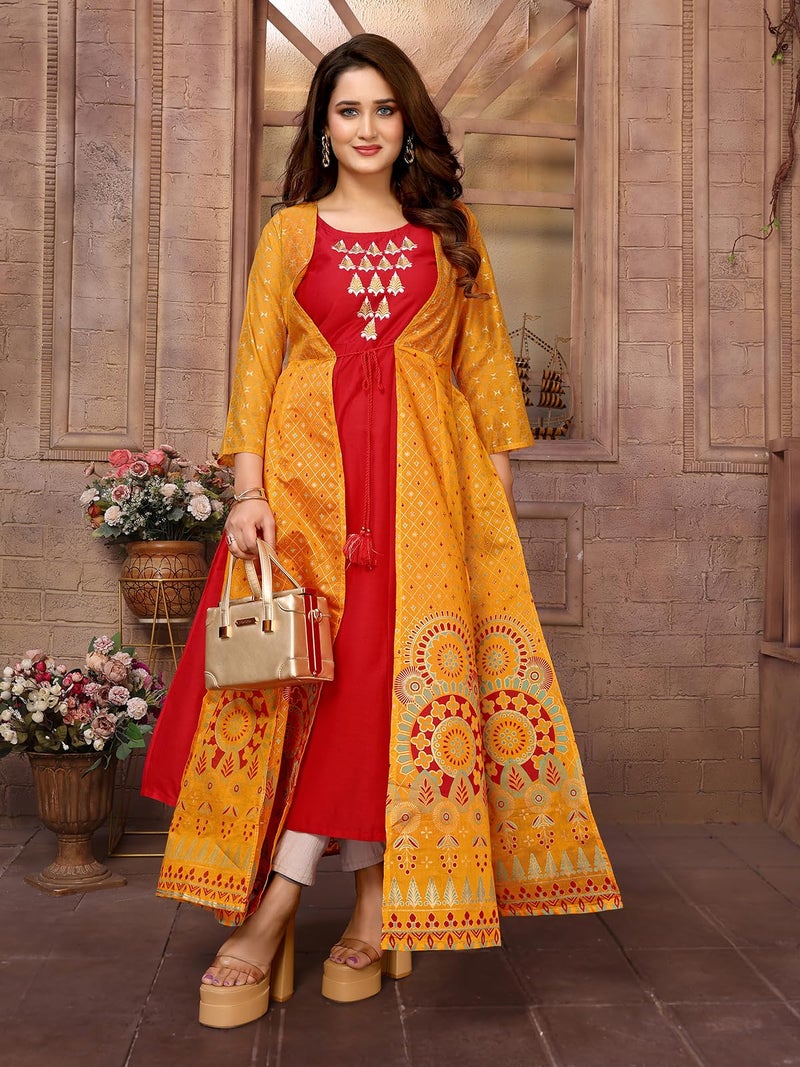 rangita Mustard Chanderi Printed Calf Length Anarkali Kurti | Kurta for Women_M - Image 5