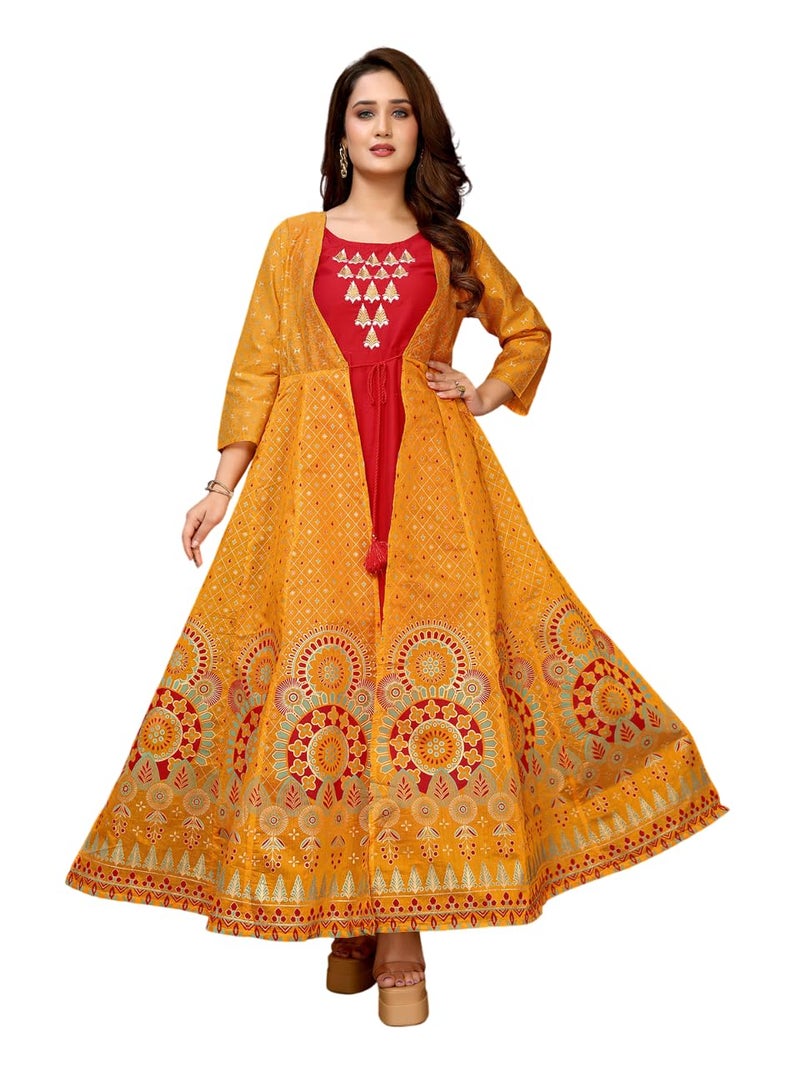 rangita Mustard Chanderi Printed Calf Length Anarkali Kurti | Kurta for Women_M - Image 1