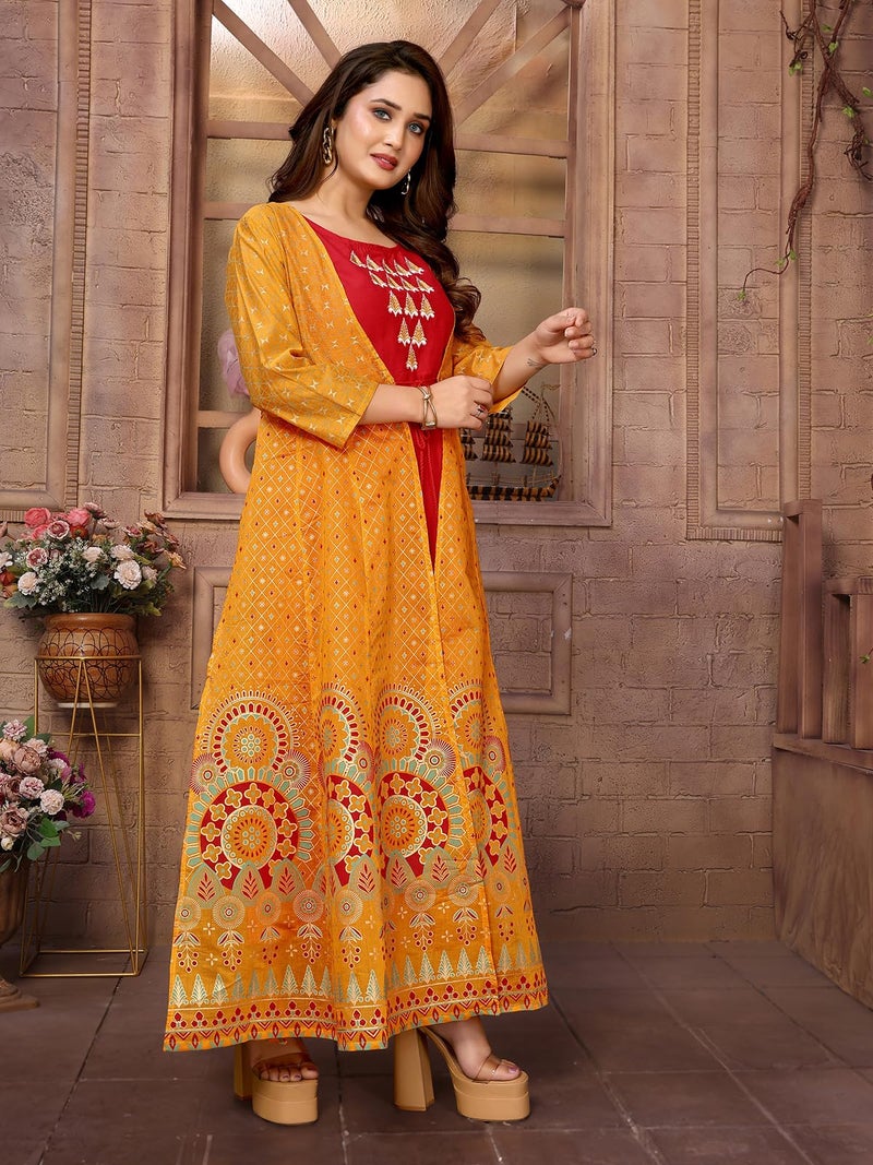 rangita Mustard Chanderi Printed Calf Length Anarkali Kurti | Kurta for Women_M - Image 3