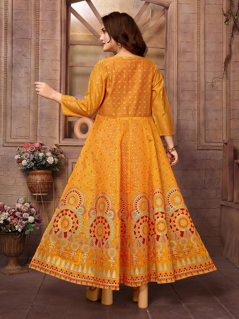 rangita Mustard Chanderi Printed Calf Length Anarkali Kurti | Kurta for Women_M - Image 4