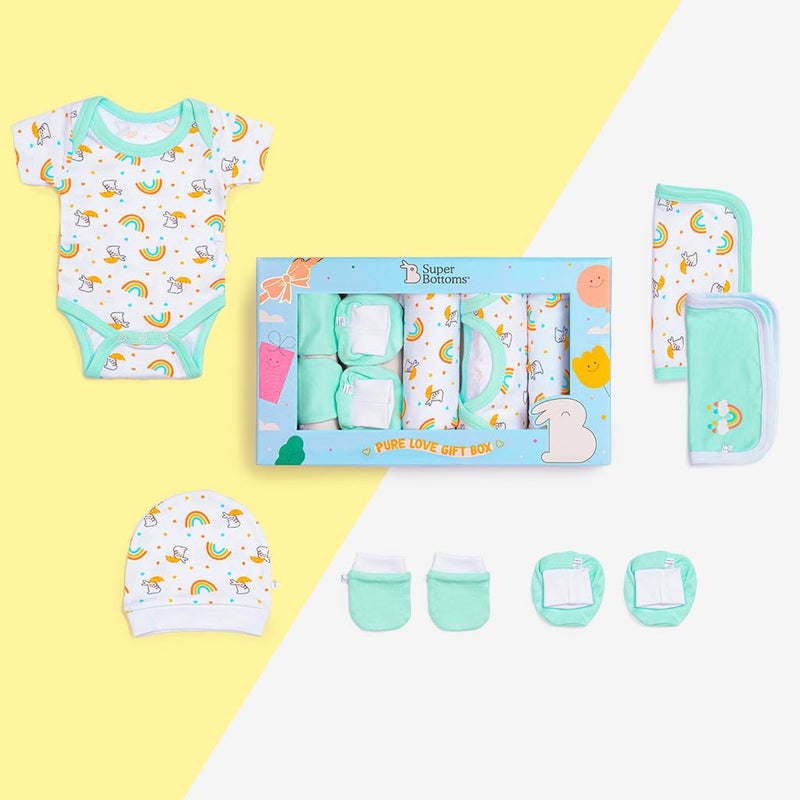 Superbottoms صندوق هدايا أساسيات المواليد الجدد - 6 قطع | ملابس أطفال من 0-6 أشهر | فستان مولود جديد | رومبر | طقم أطفال | مجموعة ملابس للأطفال الذكور والإناث | هدايا المواليد الجدد - Image 3
