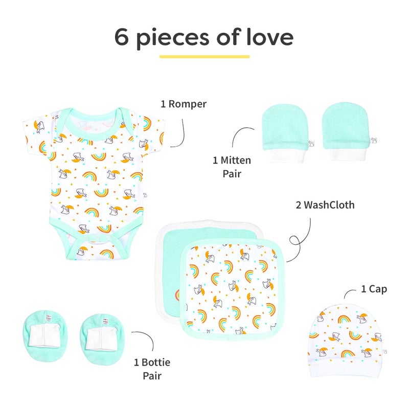 Superbottoms صندوق هدايا أساسيات المواليد الجدد - 6 قطع | ملابس أطفال من 0-6 أشهر | فستان مولود جديد | رومبر | طقم أطفال | مجموعة ملابس للأطفال الذكور والإناث | هدايا المواليد الجدد - Image 5