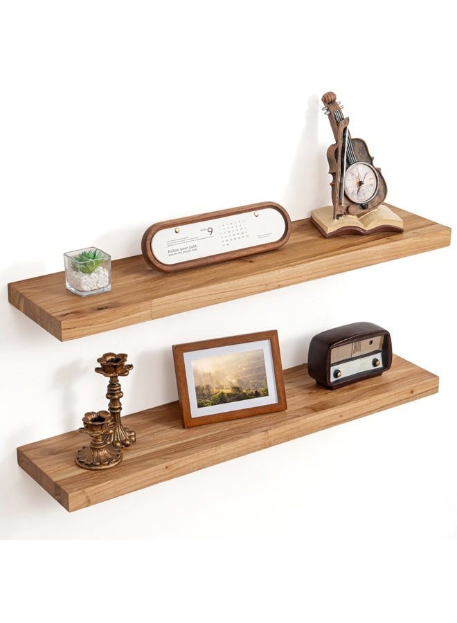 FLYJOE Floating Shelves for Wall Decor, 8" Deep Rustic Solid Elm Wood Floating Shelves Wall Mounted, Wall Shelves with Invisible Bracket for Living Room Bathroom Bedroom Kitchen, 32 Inch Set of 2, Natural - Image 1