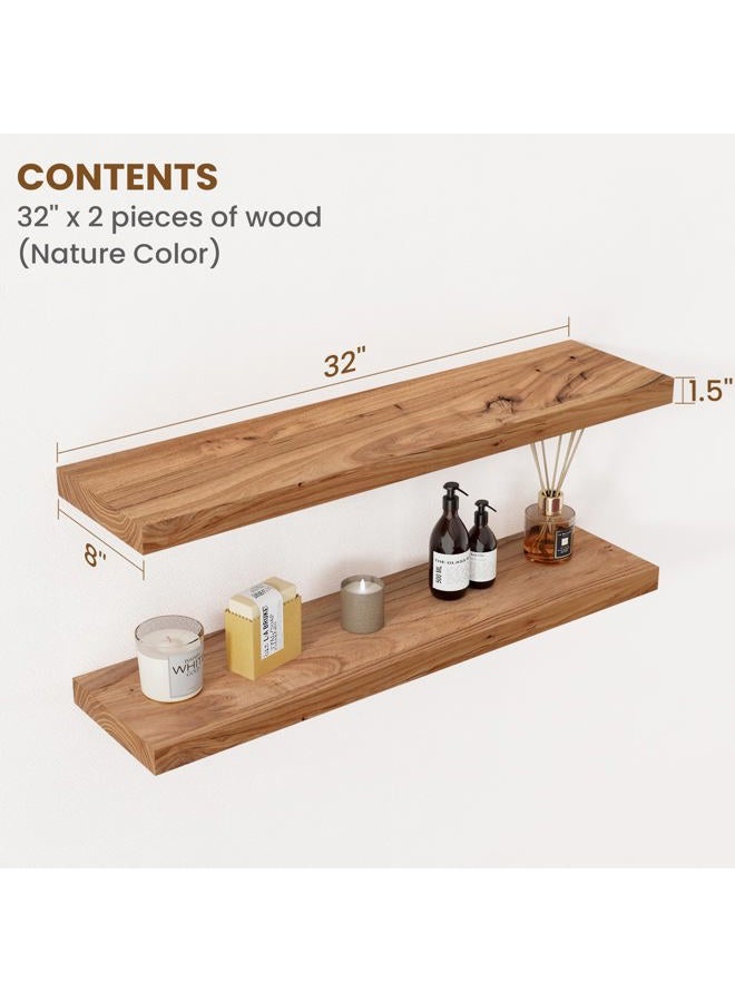 FLYJOE Floating Shelves for Wall Decor, 8" Deep Rustic Solid Elm Wood Floating Shelves Wall Mounted, Wall Shelves with Invisible Bracket for Living Room Bathroom Bedroom Kitchen, 32 Inch Set of 2, Natural - Image 2