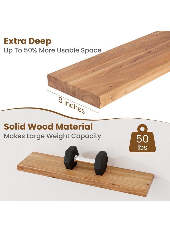 FLYJOE Floating Shelves for Wall Decor, 8" Deep Rustic Solid Elm Wood Floating Shelves Wall Mounted, Wall Shelves with Invisible Bracket for Living Room Bathroom Bedroom Kitchen, 32 Inch Set of 2, Natural - Image 5