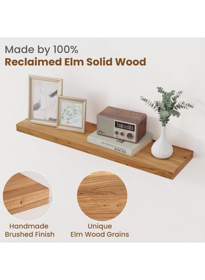 FLYJOE Floating Shelves for Wall Decor, 8" Deep Rustic Solid Elm Wood Floating Shelves Wall Mounted, Wall Shelves with Invisible Bracket for Living Room Bathroom Bedroom Kitchen, 32 Inch Set of 2, Natural - Image 3